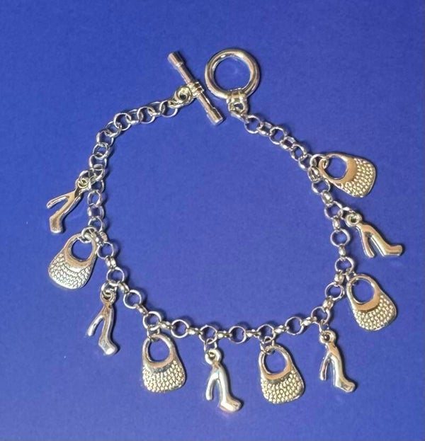 Sterling Silver Plated Charm Bracelet with Shoe and Bag Charms