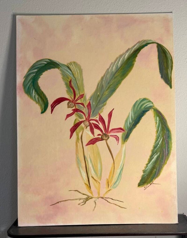 Vintage Floral Canvas Art with Green and Red Accents