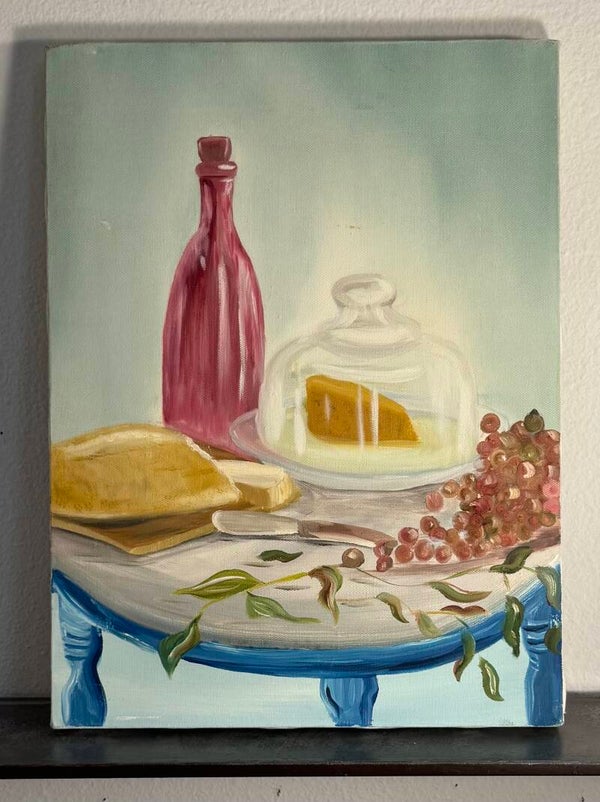 Vintage Still Life Painting with Wine Bottle and Cheese