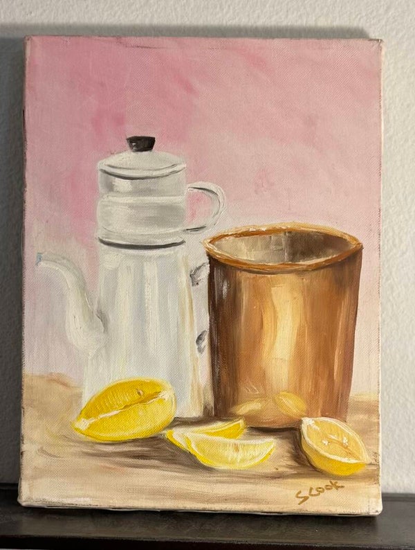 Still Life Painting with Lemons and Teapot