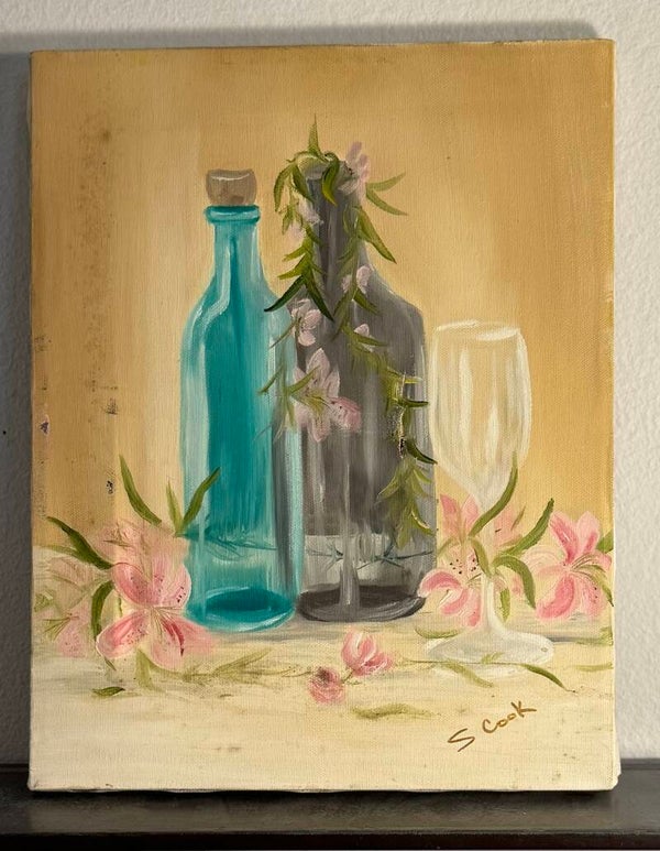 Vintage Elegant Floral and Bottle Canvas Art