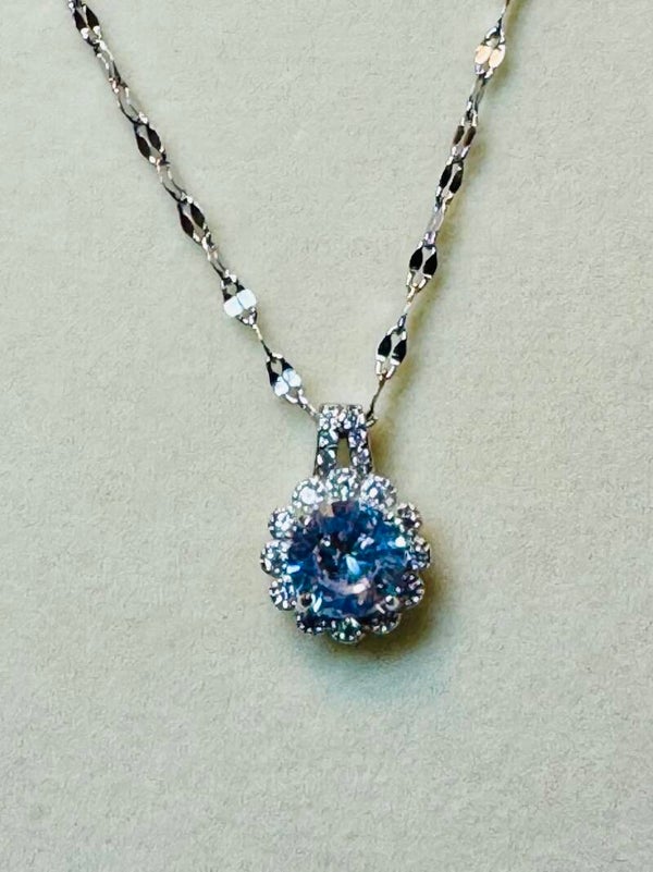 Elegant Sterling Silver and 5 Carat Blue Moissanite Diamond Pendant Necklace