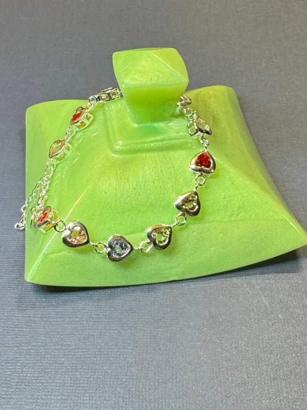 Sterling Silver 8” Charm Bracelet with Red, Pink and Crystal Hearts