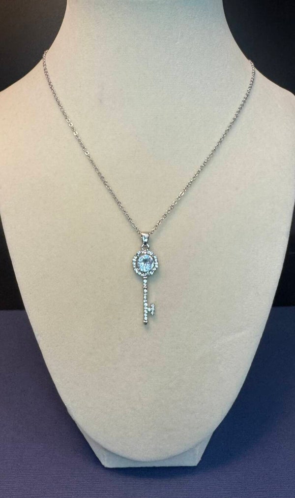 Elegant 18” Sterling Silver Key with a Moissanite Diamond Pendant Necklace