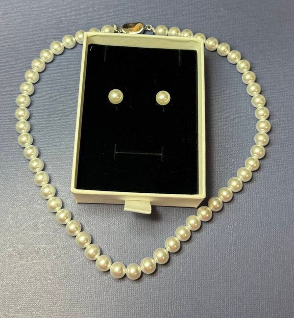 Elegant 20” 10mm Sterling Silver Pearl Necklace and Earring Set