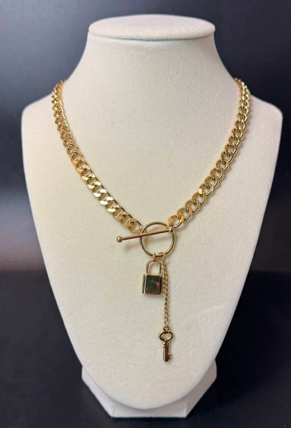 Gold Chain Necklace with Lock and Key Pendant
