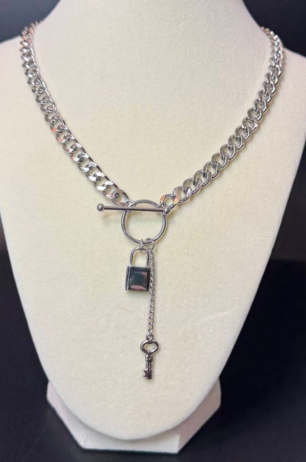 Silver Chain Necklace with Lock and Key Charm