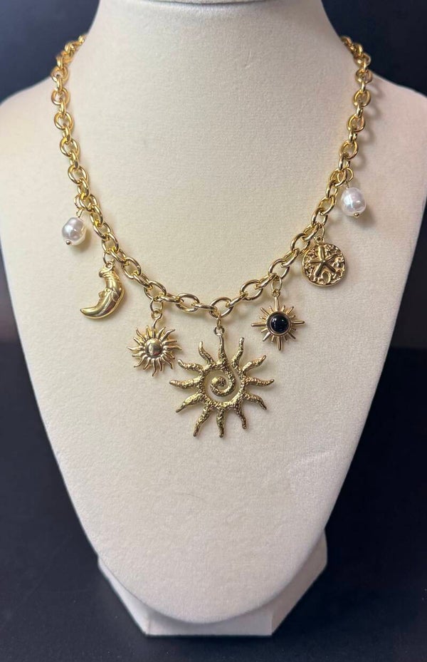 Gold Charm Necklace with Sun and Moon Pendants