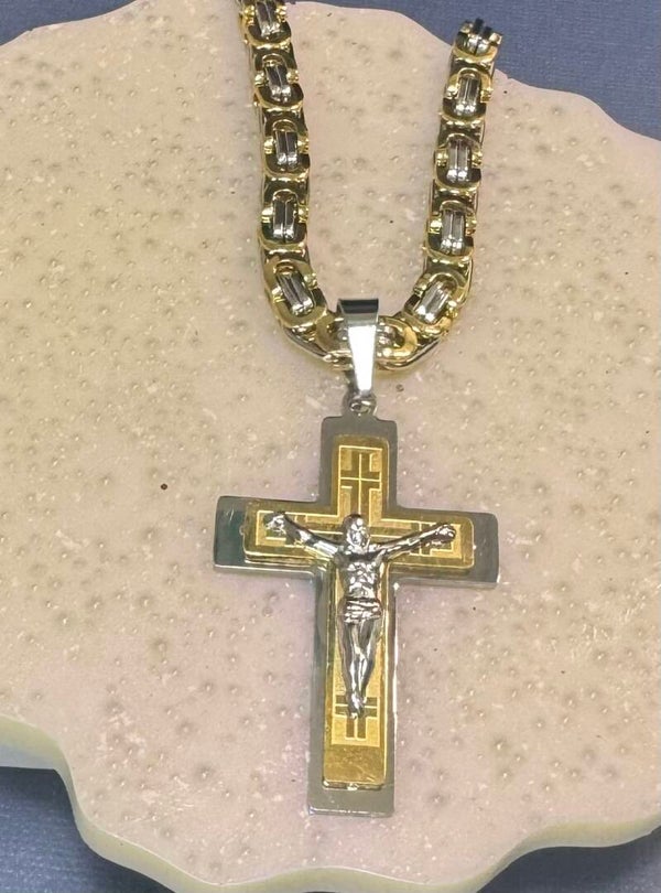 Gold and Silver 22” 7mm Stainless Steel Crucifix Necklace