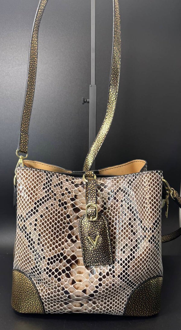 Snakeskin Patterned Tan and Black Women's Bag