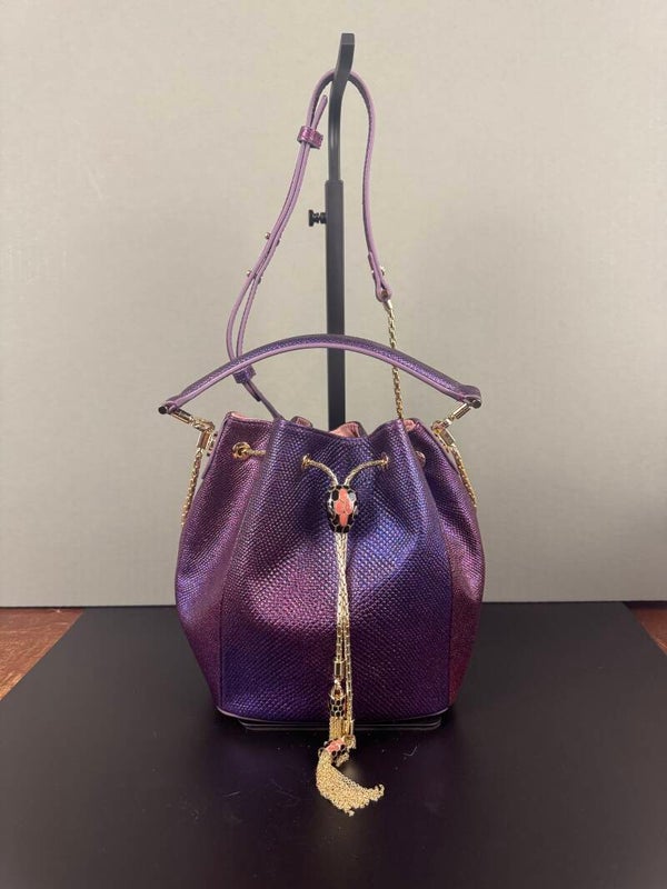Purple Snake-Embellished Bvlgario Bucket Bag