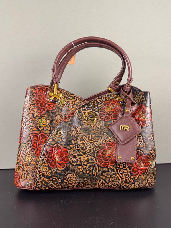 Floral Embossed Leather Handbag - Brown and Red