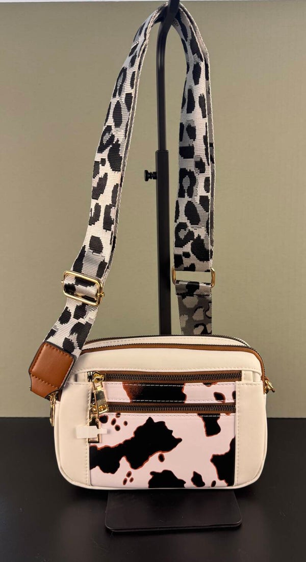 Cream, Black and Brown Crossbody Bag with Cow Print Design