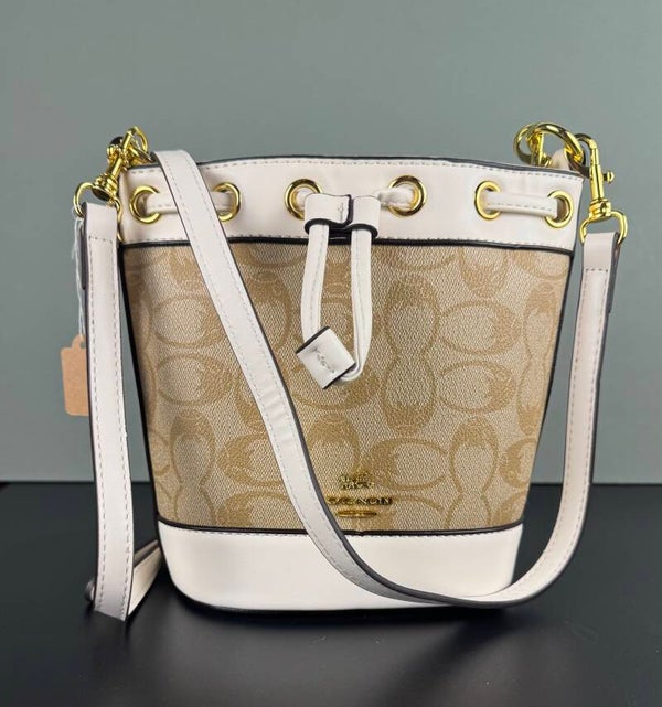 White and Tan Crossbody Bag with Gold Accents