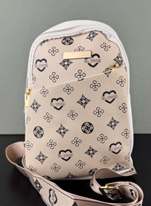 Cream and Black Patterned Backpack with Structured Design