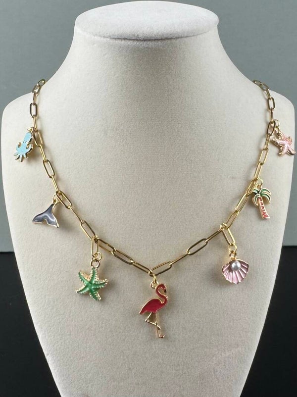 Gold Charm 22” Necklace with Multicolor Pendants