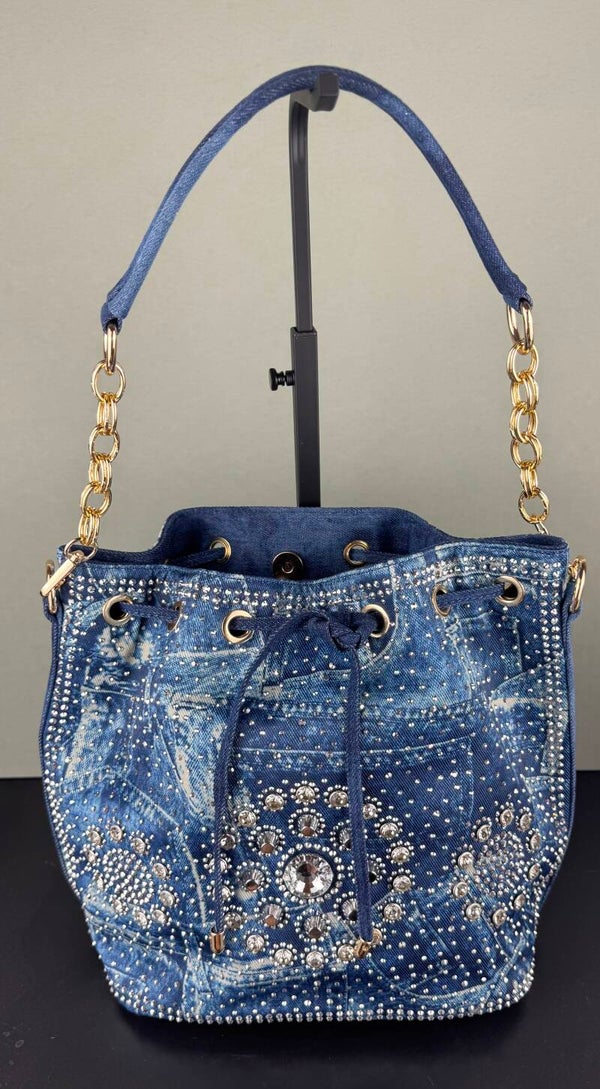 Denim Studded Shoulder Bag with Gold Chain