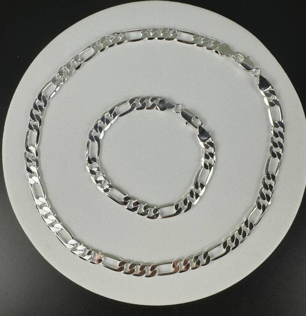 Sterling Silver 18” 8mm Figaro Chain Necklace and 8”8mm Figaro Bracelet Set
