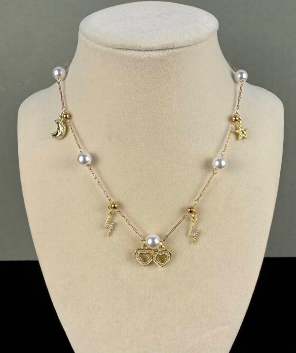 Gold and Pearl Charm Necklace