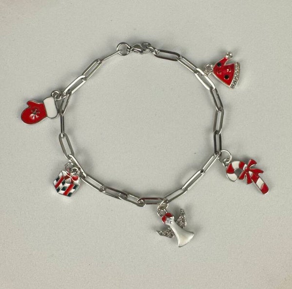 Festive Christmas Silver Charm Bracelet with Red and White Charms For the Holiday Spirit.