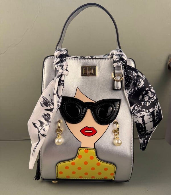 Stylish Silver Handbag with Graphic Design
