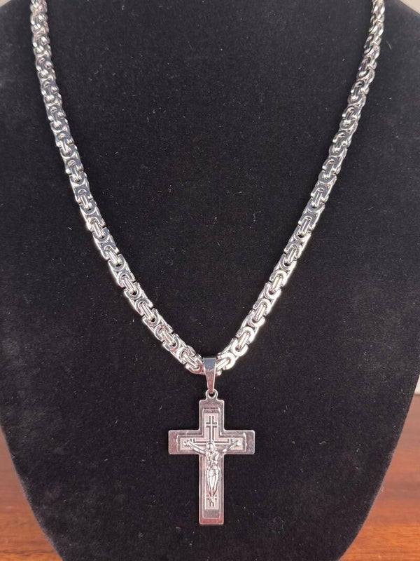 Elegant Silver Stainless Steel 24” Cross Pendant Necklace