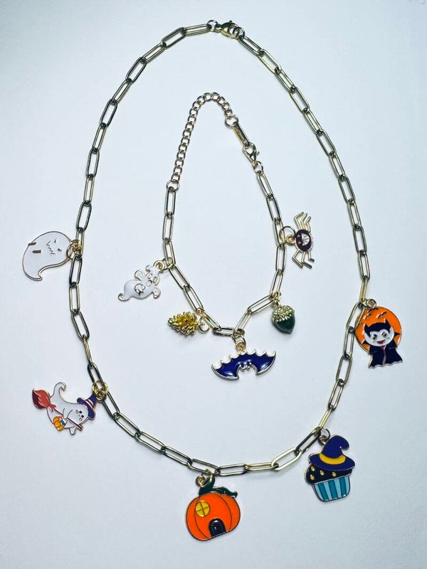 Gold 16” Chain Necklace and 8” Bracelet with Halloween Charms