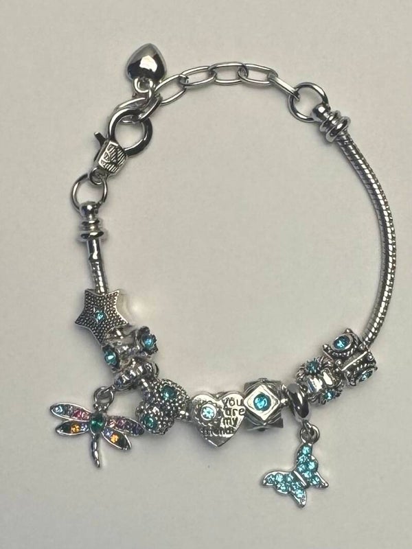 Silver Charm Bracelet with Blue Accents
