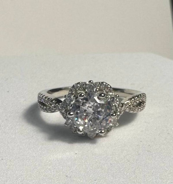Sterling Silver White Halo Engagement Ring with Beautiful Moissanite Stone