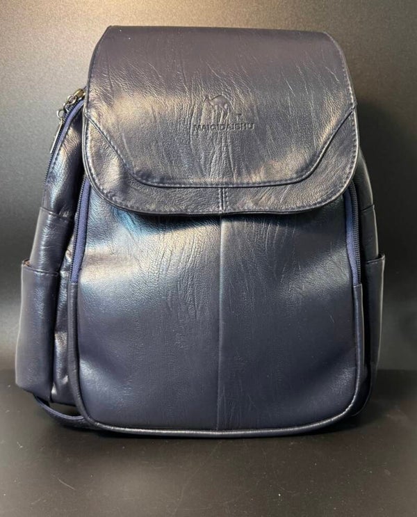 Classic Navy Blue Faux Leather Backpack with Flap-Over Closure