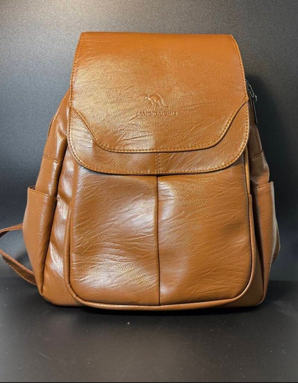 Classic Brown Faux Leather Backpack with Flap-Over Closure