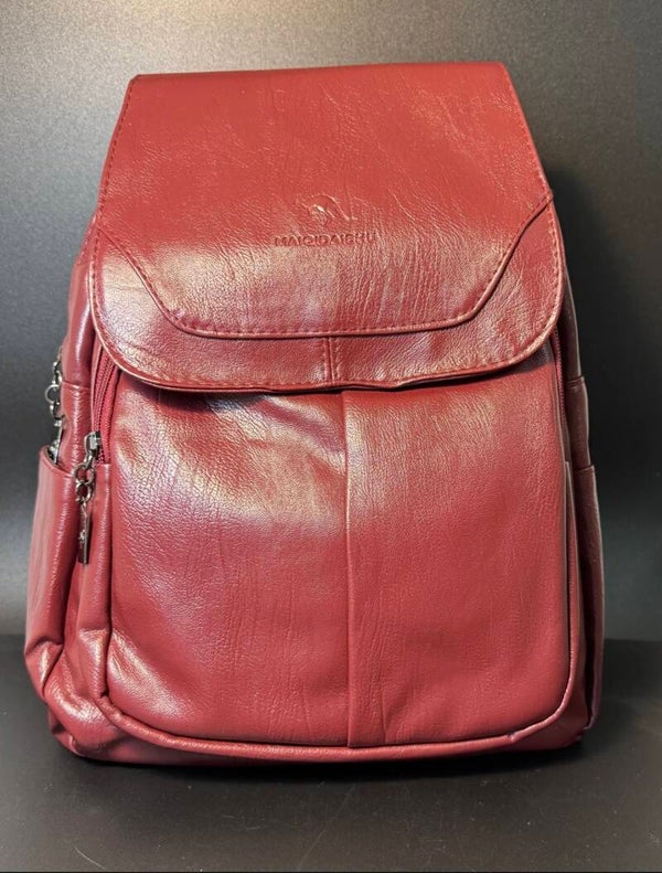 Classic Red Faux Leather Backpack with Flap-Over Closure
