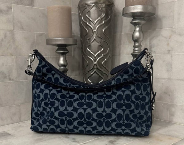 Coach Navy Blue Signature Shoulder Bag with Metallic Accents