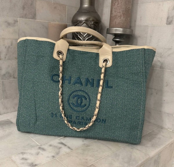Chanel Green Tote with Gold Chain Detailing