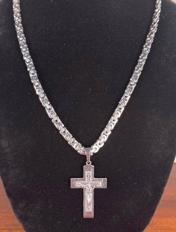 Silver 24” Stainless Steel Cross Pendant Necklace