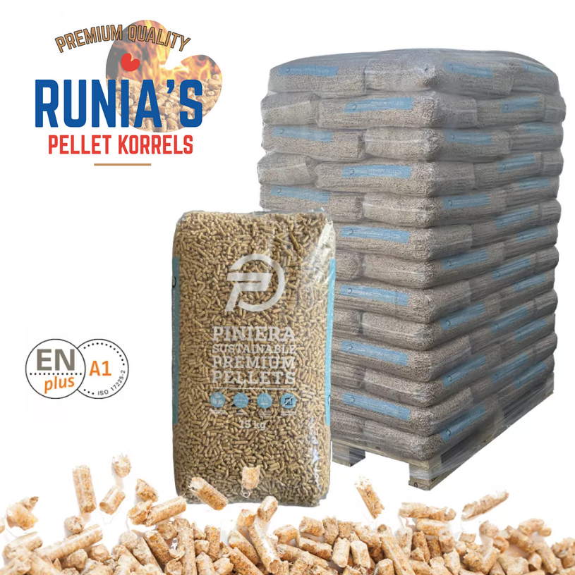 Piniera Premium ENplus A1 100% Naaldhout pelletkorrels  ENPLUS A1 EN DINPLUS  65 X 15 KG.