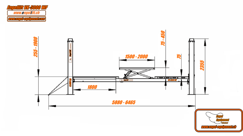Engellift VK-5000 WF ; élévateur à 4 colonnes 5.000kg avec géométrie de direction/essieu et mesure des voies-Plan-1