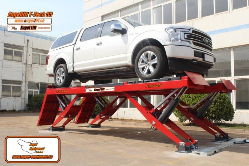 Engellift Y-Tech 55 : Plate-forme élévatrice Y-Tech à simple ciseaux , plate-forme élévatrice semi-ciseaux (5.500kg. ) Système de traction libre avec géométrie de direction (mesure d'essieu) plate-forme.