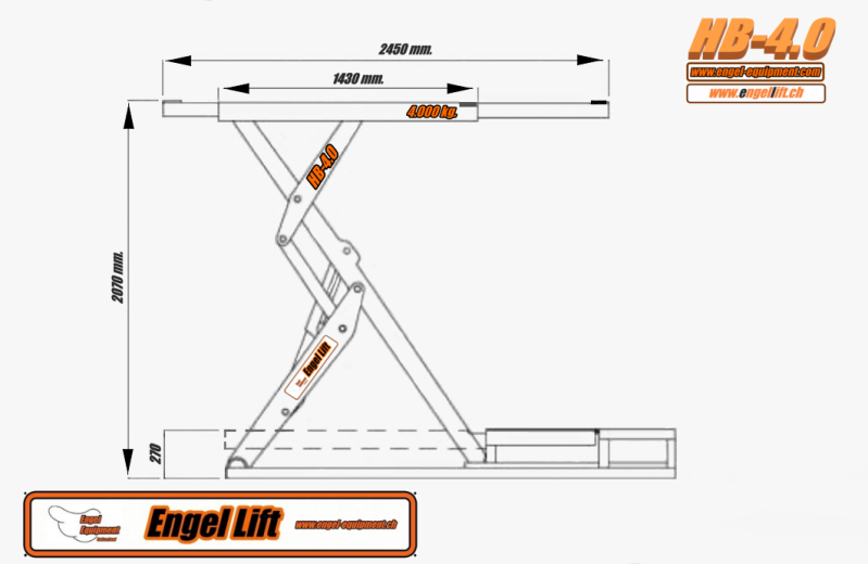 Engellift HB-4.0 ; Pont élévateur à ciseaux "Heringbone" (4.000kg.) encastré dans le sol-Plan-1