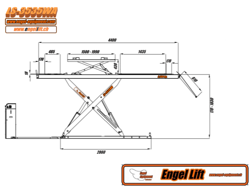 Engellift LS-3535WA ; Pont élévateur à ciseaux (3.500kg.) avec levage sans roue et mesure de l'essieu pour la construction du sol.-Plan-1