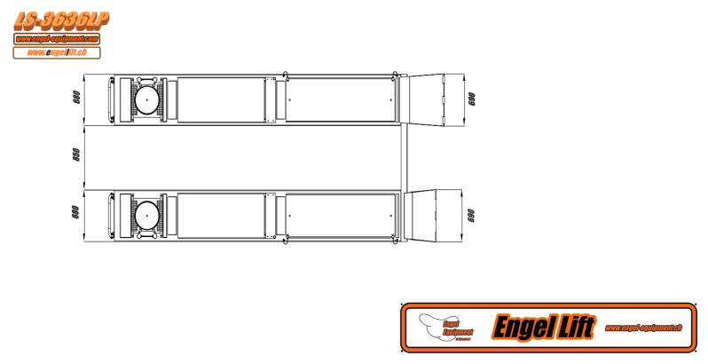 Engellift LS-3636LP ; Pont élévateur à ciseaux à profil bas (3.600kg.) avec système de levage sans roue & mesure de l'axe des chemins de roulement-Plan-2