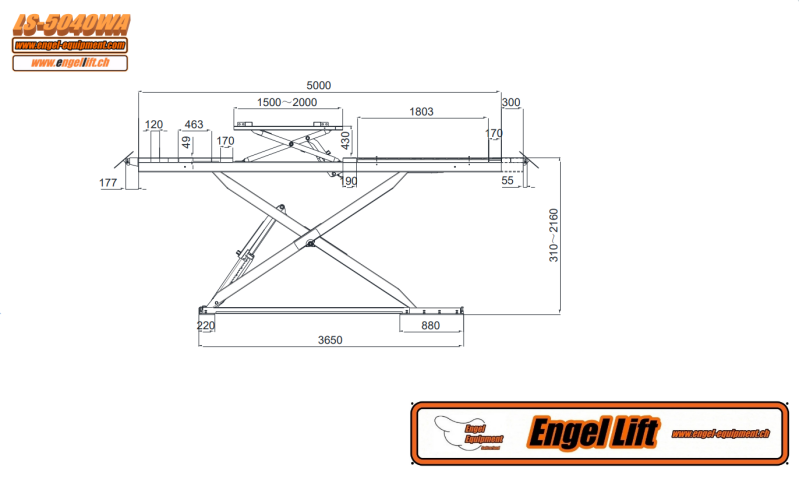 Engellift LS-5040WA ; Pont élévateur à ciseaux (5.000kg) avec levage sans roue et mesure d'essieu pour installation au sol.-Plan-1