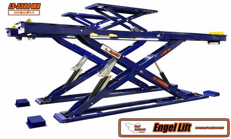 Engellift LS-5500 Wa, Lange Fahrbahn Scheren Hebebühne mit Radfrei & Lenkgeometrie Fahrbahnen 5.500 kg.