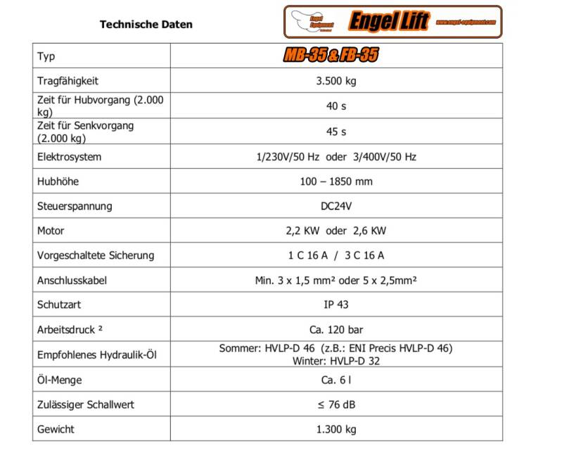 Engellift FB-35 + MB-35 Technische Daten
