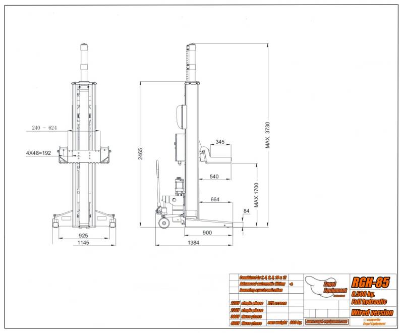 Engellift RGH-85 ; Pince de roue mobile (8500kg par colonne) avec câble, entièrement hydraulique, ponts élévateurs mobiles à une colonne -Plan