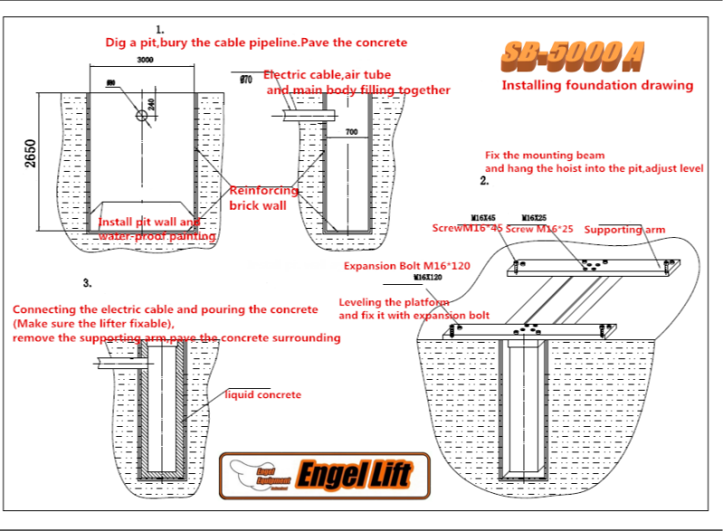 Engellift SB-5000A  ; PREMIUM à deux vérins sous le plancher.  Ponts élévateurs / Ponts élévateurs à vérin : -5.000 kg. -Plan fonds