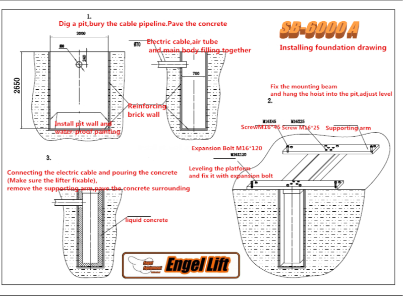 ENGELLIFT SB-6000 A : PONT ÉLÉVATEUR À VÉRIN SOUS LE PLANCHER DE 6.000 KG pour montage au sol. -Plan fonds