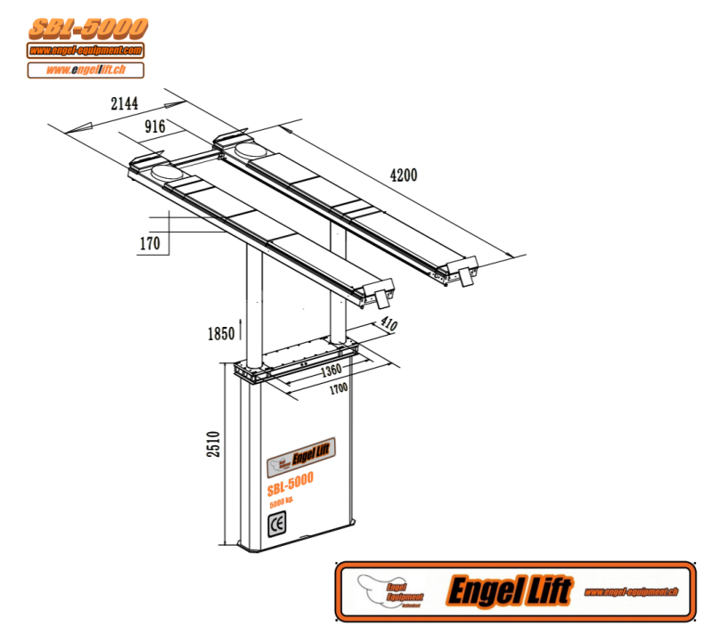 Engellift SBL-5000 ; PREMIUM Ponts élévateurs à deux vérins sous châssis à direction / Ponts élévateurs à direction à vérin -5.000 kg.-Plan