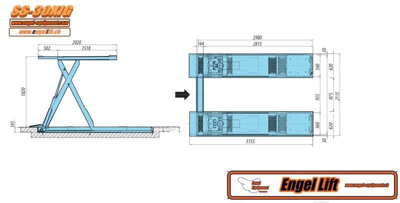 Engellift SS-30XIG ; Pont élévateur à ciseaux avec plate-forme courte (3.000kg.) encastré dans le sol-Plan