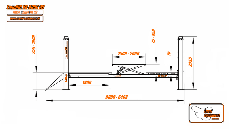 VK-5000 WF; 4-SÄULENLIFT 5.000KG. 4-Säulen Hebebühnen mit Lenkgeometrie/Achs und Spurvermessung Fahrbahnen-Zeichnung-1